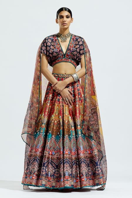 Rajdeep Ranawat_Yellow Dupion Floral, Geometric Leela Printed Lehenga Skirt_Online_at_Aza_Fashions