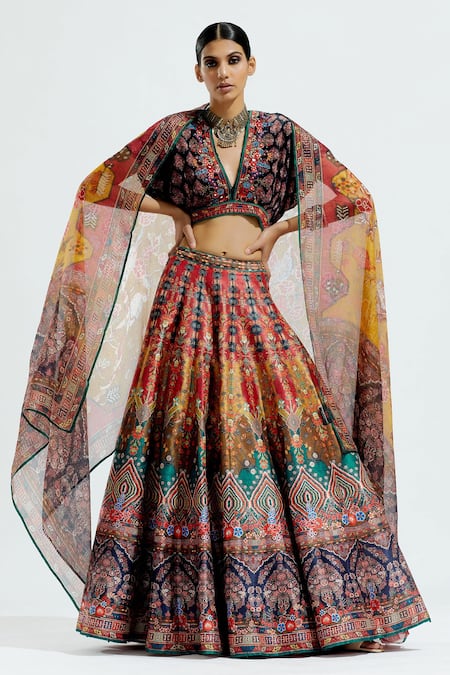 Buy_Rajdeep Ranawat_Yellow Dupion Floral, Geometric Leela Printed Lehenga Skirt_Online_at_Aza_Fashions