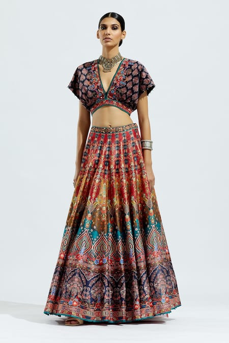 Shop_Rajdeep Ranawat_Yellow Dupion Floral, Geometric Leela Printed Lehenga Skirt_Online_at_Aza_Fashions