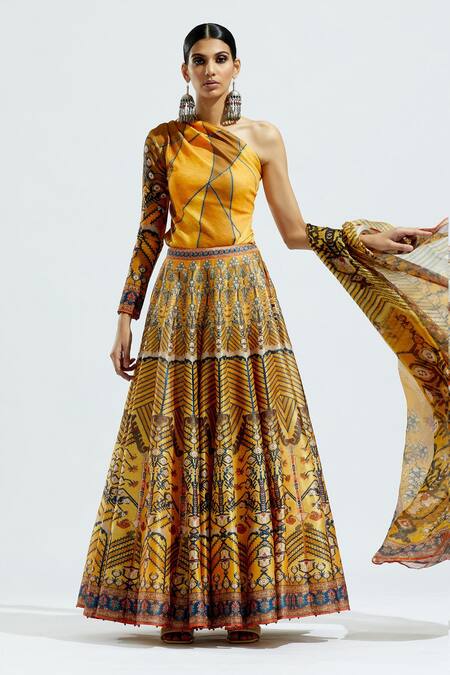 Buy_Rajdeep Ranawat_Yellow Lycra Floral, Geometric Asymmetric Mari Printed One Shoulder Top_Online_at_Aza_Fashions
