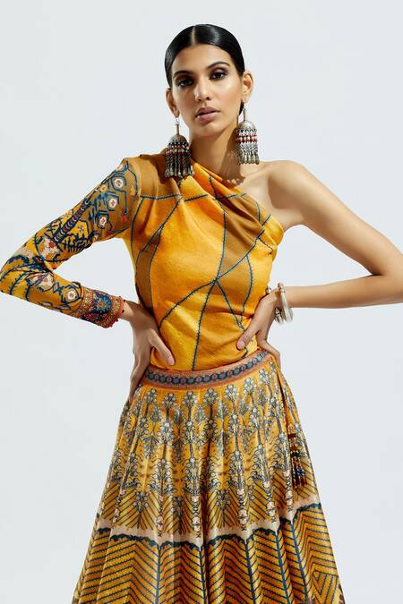 Shop_Rajdeep Ranawat_Yellow Lycra Floral, Geometric Asymmetric Mari Printed One Shoulder Top_Online_at_Aza_Fashions
