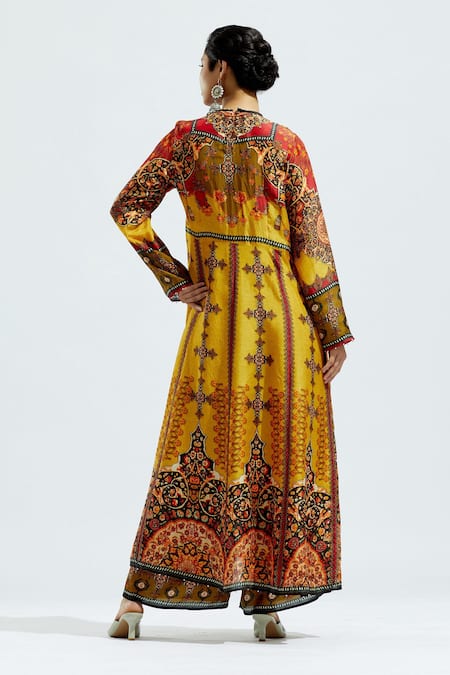 Shop_Rajdeep Ranawat_Yellow Satin Floral, Geometric Permaz Printed Pant _at_Aza_Fashions