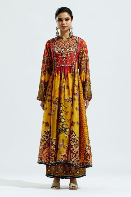 Rajdeep Ranawat_Yellow Satin Floral, Geometric Permaz Printed Pant _Online_at_Aza_Fashions