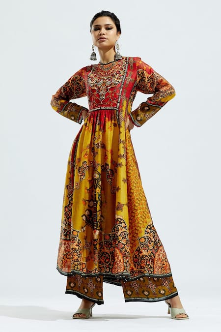 Buy_Rajdeep Ranawat_Yellow Satin Floral, Geometric Permaz Printed Pant _Online_at_Aza_Fashions