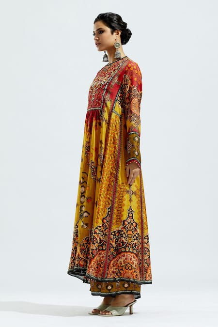 Shop_Rajdeep Ranawat_Yellow Satin Floral, Geometric Permaz Printed Pant _Online_at_Aza_Fashions