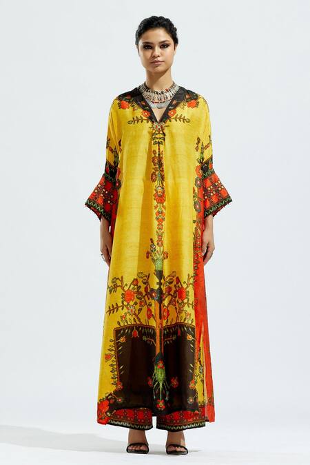 Rajdeep Ranawat_Yellow Satin Floral, Geometric Permaz Printed Palazzo_Online_at_Aza_Fashions