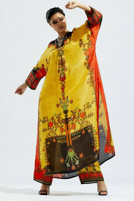 Buy_Rajdeep Ranawat_Yellow Satin Floral, Geometric Permaz Printed Palazzo_Online_at_Aza_Fashions
