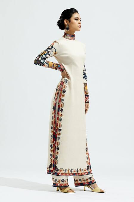 Rajdeep Ranawat_Beige Lycra Floral, Geometric Permaz Printed Hem Palazzo_Online_at_Aza_Fashions