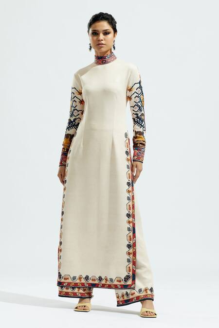 Buy_Rajdeep Ranawat_Beige Lycra Floral, Geometric Permaz Printed Hem Palazzo_Online_at_Aza_Fashions