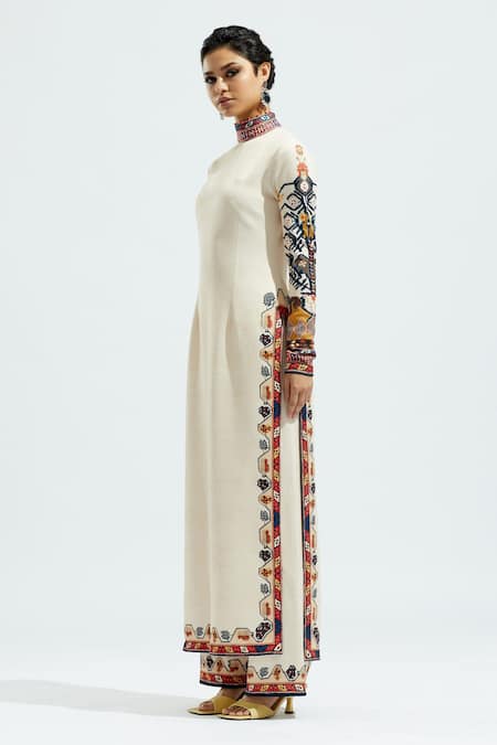 Shop_Rajdeep Ranawat_Beige Lycra Floral, Geometric Permaz Printed Hem Palazzo_Online_at_Aza_Fashions