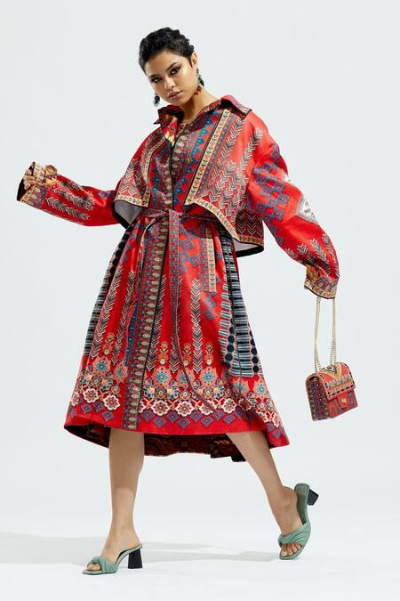 Buy Rajdeep Ranawat Red Satin Floral, Geometric Notched Collar Trinaa Printed Trench Coat Online at Aza Fashions Buy_Rajdeep Ranawat_Red Satin Floral, Geometric Notched Collar Trinaa Printed Trench Coat_Online_at_Aza_Fashions