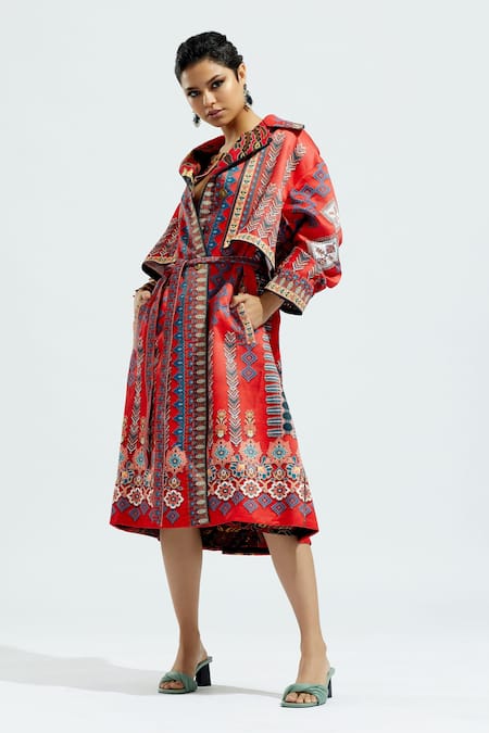 Shop Rajdeep Ranawat Red Satin Floral, Geometric Notched Collar Trinaa Printed Trench Coat Online at Aza Fashions Shop_Rajdeep Ranawat_Red Satin Floral, Geometric Notched Collar Trinaa Printed Trench Coat_Online_at_Aza_Fashions