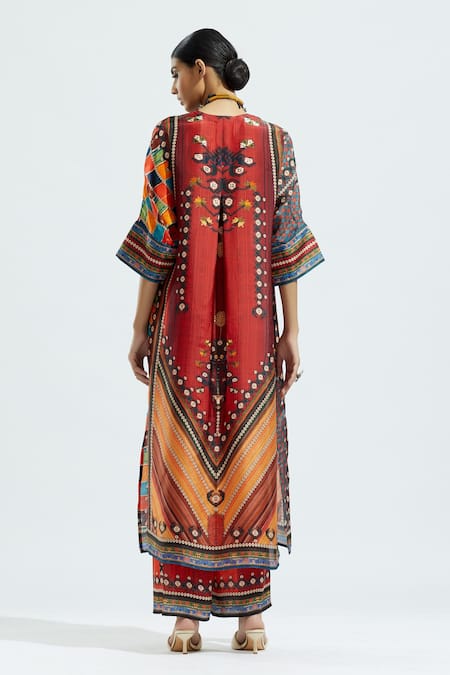 Shop_Rajdeep Ranawat_Red Silk Printed Geometric V Neck Banera Kimono Tunic  _at_Aza_Fashions