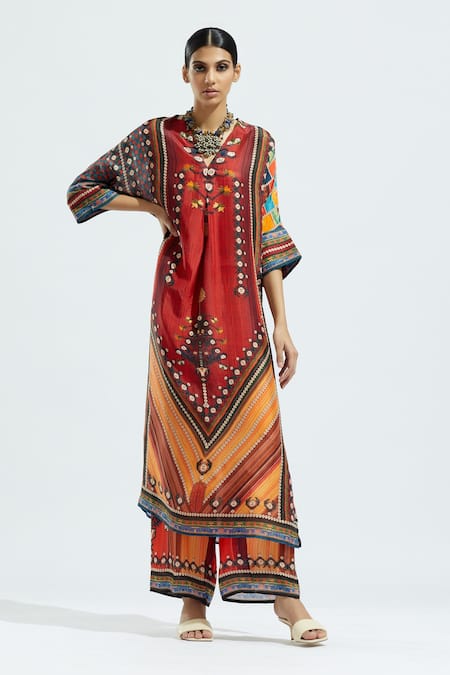 Buy_Rajdeep Ranawat_Red Silk Printed Geometric V Neck Banera Kimono Tunic  _Online_at_Aza_Fashions