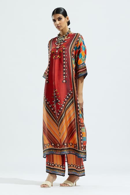 Shop_Rajdeep Ranawat_Red Silk Printed Geometric V Neck Banera Kimono Tunic  _Online_at_Aza_Fashions