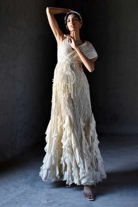 Geisha Designs Off White Nylon And Viscose Embroidery Dori V Neck Annalise Ruffle Gown  