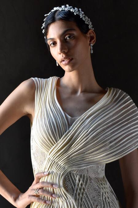 Buy Geisha Designs Off White Nylon And Viscose Beads & Sequin, Dori V Neck Annalise Ruffle Gown Online at Aza Fashions Buy_Geisha Designs_Off White Nylon And Viscose Beads & Sequin, Dori V Neck Annalise Ruffle Gown _Online_at_Aza_Fashions