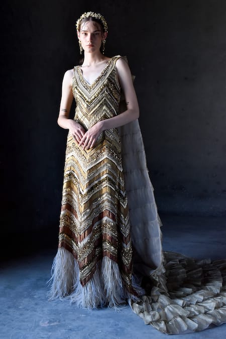Geisha Designs Gold And Cape Nylon & Sequin, Elisabeth Embroidered Gown With