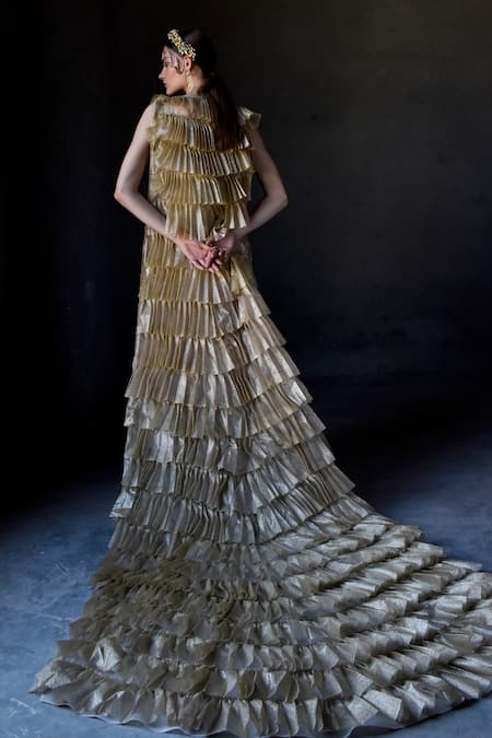 Shop Geisha Designs Gold And Cape Nylon & Sequin, Elisabeth Embroidered Gown With at Aza Fashions Shop_Geisha Designs_Gold And Cape Nylon & Sequin, Elisabeth Embroidered Gown With _at_Aza_Fashions