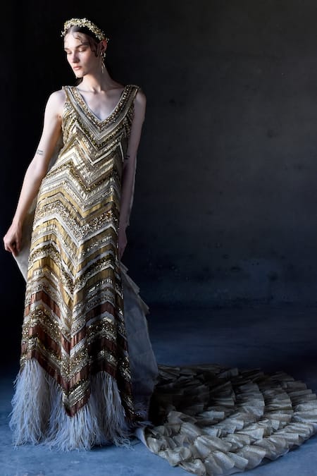 Geisha Designs Gold And Cape Nylon & Sequin, Elisabeth Embroidered Gown With Online at Aza Fashions Geisha Designs_Gold And Cape Nylon & Sequin, Elisabeth Embroidered Gown With _Online_at_Aza_Fashions