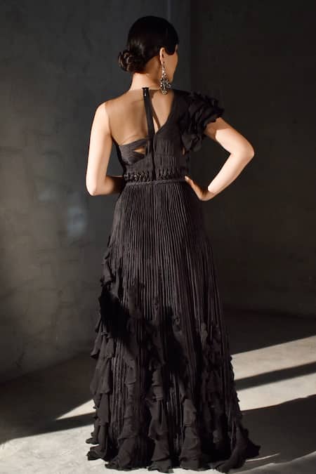 Shop Geisha Designs Black Nylon Embroidery Dori Round Sacha Ruffle Gown at Aza Fashions Shop_Geisha Designs_Black Nylon Embroidery Dori Round Sacha Ruffle Gown _at_Aza_Fashions