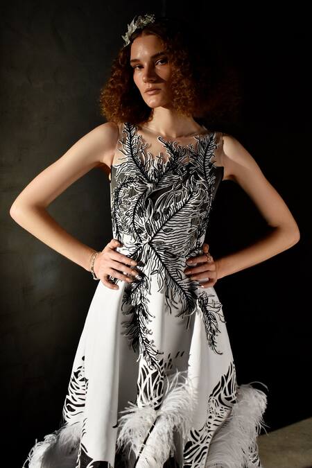 Geisha Designs_White Polyester And Viscose Leaf Motifs Round Jeanne Ruffle Gown _Online_at_Aza_Fashions