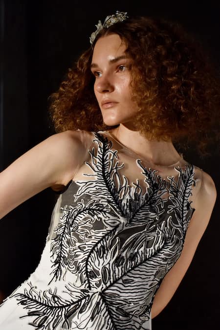 Buy_Geisha Designs_White Polyester And Viscose Leaf Motifs Round Jeanne Ruffle Gown _Online_at_Aza_Fashions