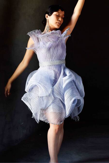 Geisha Designs_Purple Nylon And Viscose Embroidery Beads Round Margot Ruffle Dress  _Online_at_Aza_Fashions