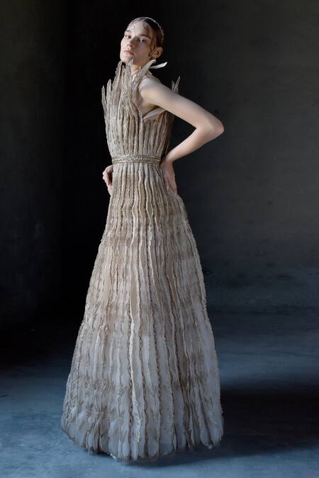 Geisha Designs_Beige Nylon, Polyester And Viscose Round Elea Structured Gown_Online_at_Aza_Fashions