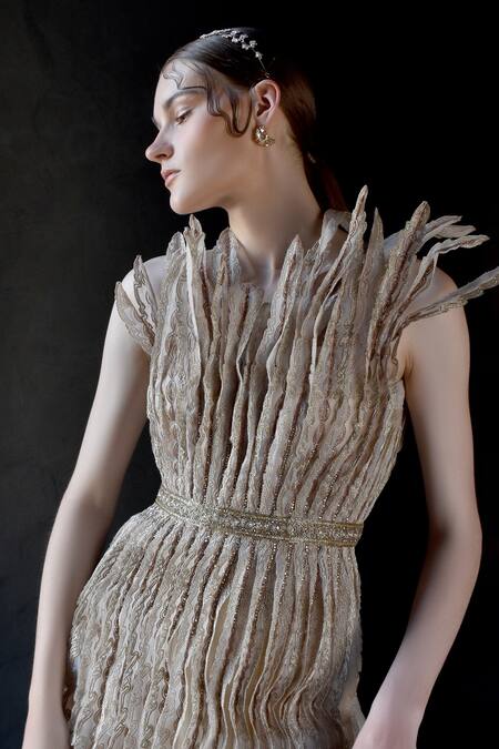 Buy_Geisha Designs_Beige Nylon, Polyester And Viscose Round Elea Structured Gown_Online_at_Aza_Fashions