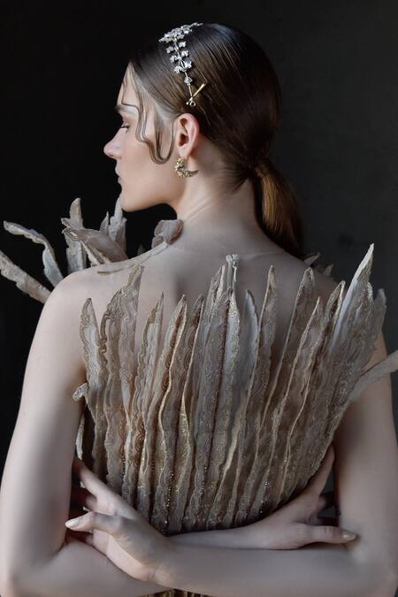 Shop_Geisha Designs_Beige Nylon, Polyester And Viscose Round Elea Structured Gown_Online_at_Aza_Fashions