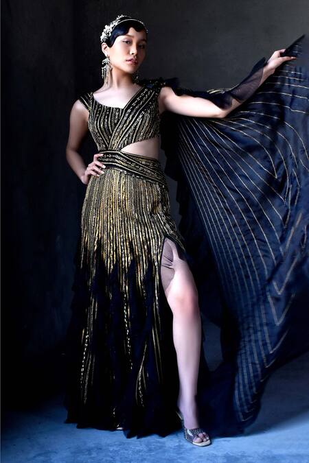 Geisha Designs Black Nylon, Polyester And Viscose Sequin & Cutdana Leaf Neck Noemie Saree Gown Online at Aza Fashions Geisha Designs_Black Nylon, Polyester And Viscose Sequin & Cutdana Leaf Neck Noemie Saree Gown _Online_at_Aza_Fashions