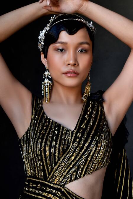 Shop Geisha Designs Black Nylon, Polyester And Viscose Sequin & Cutdana Leaf Neck Noemie Saree Gown Online at Aza Fashions Shop_Geisha Designs_Black Nylon, Polyester And Viscose Sequin & Cutdana Leaf Neck Noemie Saree Gown _Online_at_Aza_Fashions