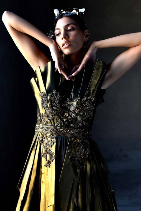 Geisha Designs_Green Viscose And Polyester Sequin & Bugle Beads Round Ines Pleated Gown _Online_at_Aza_Fashions