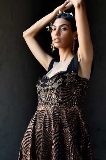 Geisha Designs_Brown Viscose And Polyester Beads & Cutdana Round Elayn Embroidered Gown _Online_at_Aza_Fashions
