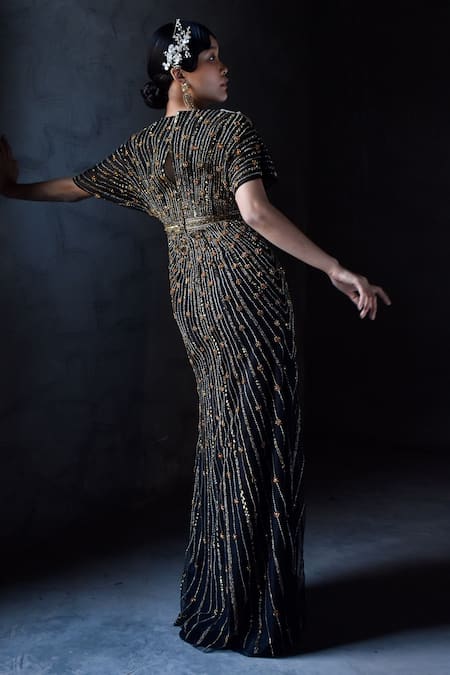 Geisha Designs_Black Viscose And Nylon Beads & Cutdana, Sequin Denise Embroidered Gown _Online_at_Aza_Fashions