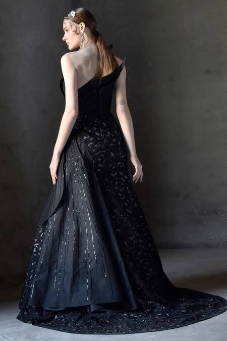 Shop_Geisha Designs_Black Polyester Embroidery Cutdana One Shoulder Thea Gown  _at_Aza_Fashions