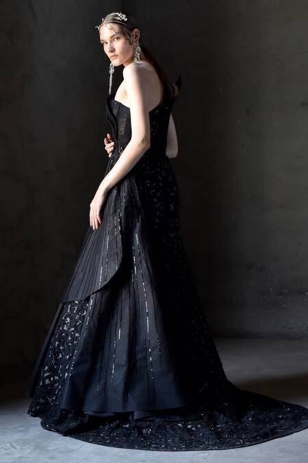 Geisha Designs_Black Polyester Embroidery Cutdana One Shoulder Thea Gown  _Online_at_Aza_Fashions
