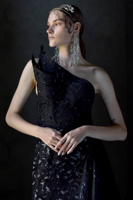 Buy_Geisha Designs_Black Polyester Embroidery Cutdana One Shoulder Thea Gown  _Online_at_Aza_Fashions