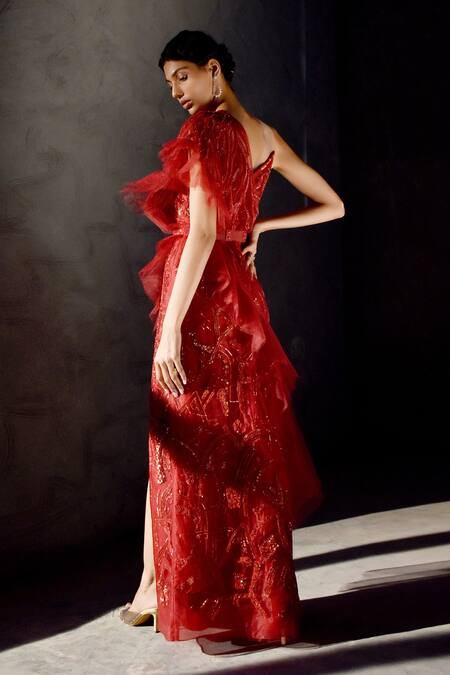 Geisha Designs_Red Polyester, Viscose And Nylon Sequin & Beads V Neck Regine Saree Gown _Online_at_Aza_Fashions