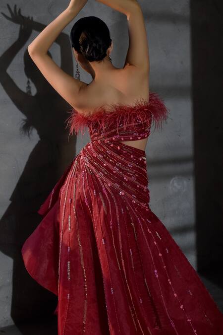Shop_Geisha Designs_Red Polyester And Viscose Sequin, Cutdana & Beads Straight Lisette Strapless Gown _at_Aza_Fashions