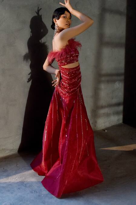 Geisha Designs_Red Polyester And Viscose Sequin, Cutdana & Beads Straight Lisette Strapless Gown _Online_at_Aza_Fashions