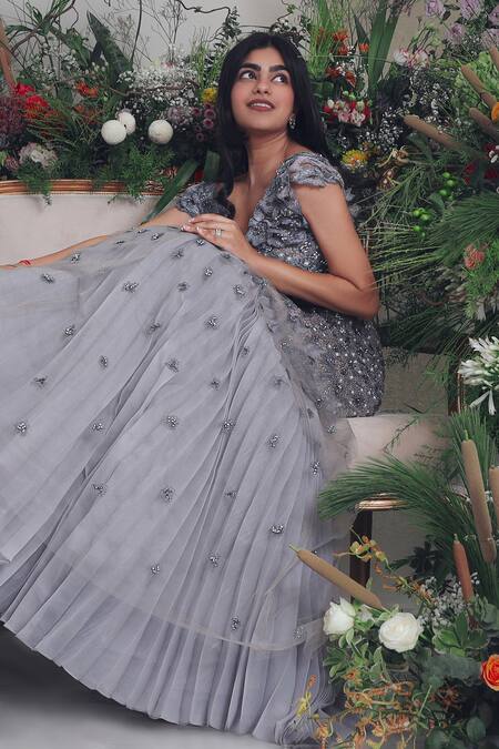 Geisha Designs_Silver Nylon And Viscose Sequin & Pearls V Neck Aurora Embroidered Gown _Online_at_Aza_Fashions