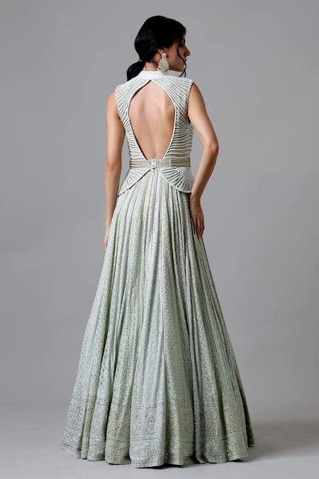 Shop Geisha Designs Green Nylon And Viscose Chikankari & Sequin Band Mahtab Embroidered Gown at Aza Fashions Shop_Geisha Designs_Green Nylon And Viscose Chikankari & Sequin Band Mahtab Embroidered Gown _at_Aza_Fashions