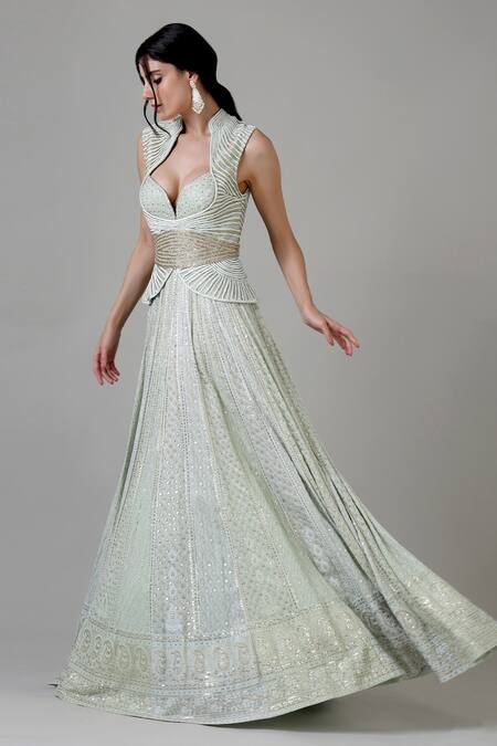 Geisha Designs Green Nylon And Viscose Chikankari & Sequin Band Mahtab Embroidered Gown Online at Aza Fashions Geisha Designs_Green Nylon And Viscose Chikankari & Sequin Band Mahtab Embroidered Gown _Online_at_Aza_Fashions