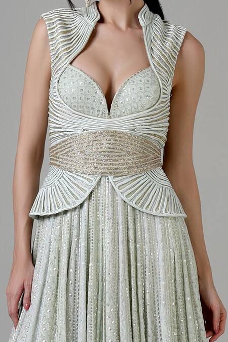 Buy Geisha Designs Green Nylon And Viscose Chikankari & Sequin Band Mahtab Embroidered Gown Online at Aza Fashions Buy_Geisha Designs_Green Nylon And Viscose Chikankari & Sequin Band Mahtab Embroidered Gown _Online_at_Aza_Fashions