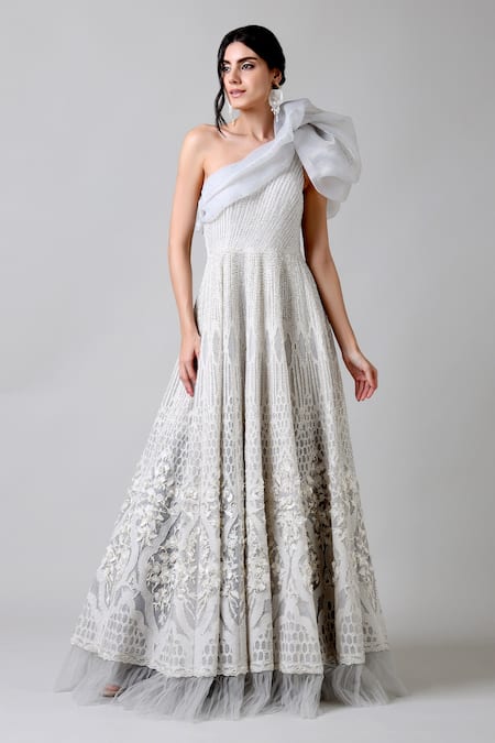 Geisha Designs Off White Nylon, Polyester And Viscose Sequin & Crystals One Shiraz Gown