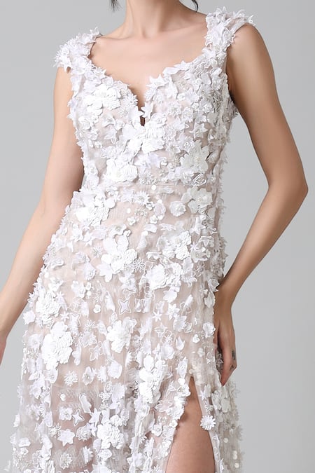Geisha Designs_White Nylon And Rayon 3d Floral Motifs & Sequin Leaf Neck Negin Embroidered Gown _Online_at_Aza_Fashions