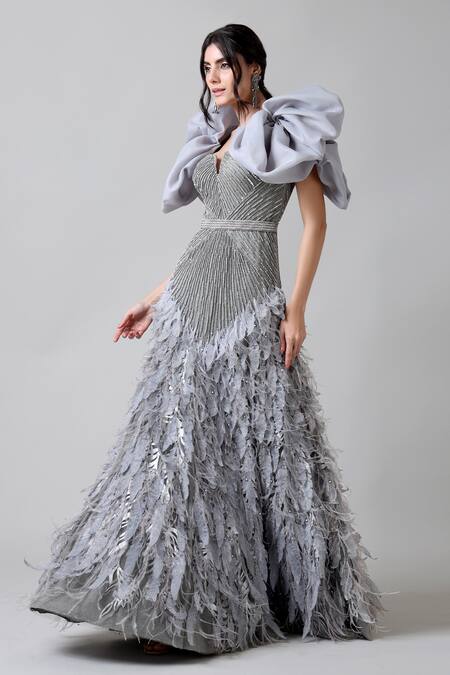 Geisha Designs_Grey Nylon Embroidery Beads Notched Avryll Gown _Online_at_Aza_Fashions