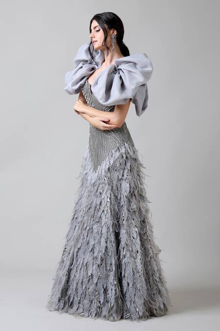 Buy_Geisha Designs_Grey Nylon Embroidery Beads Notched Avryll Gown _Online_at_Aza_Fashions